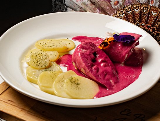 Legacy Plate - Succulent chicken breast stuffed with ham and cheese, finished with pink beet-infused cream
